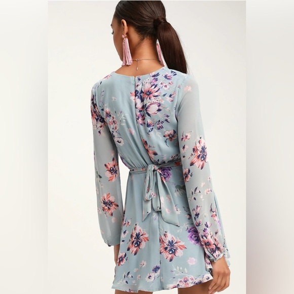 Lulu’s Always Yours Light Blue Floral Print Long Sleeve Skater Dress Size XL NWT - Picture 3 of 12
